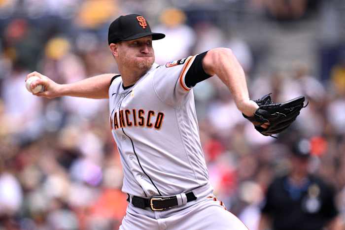 SF Giants starting pitcher Alex Cobb throws a pitch against the San Diego Padres during the first inning at Petco Park on September 3, 2023.